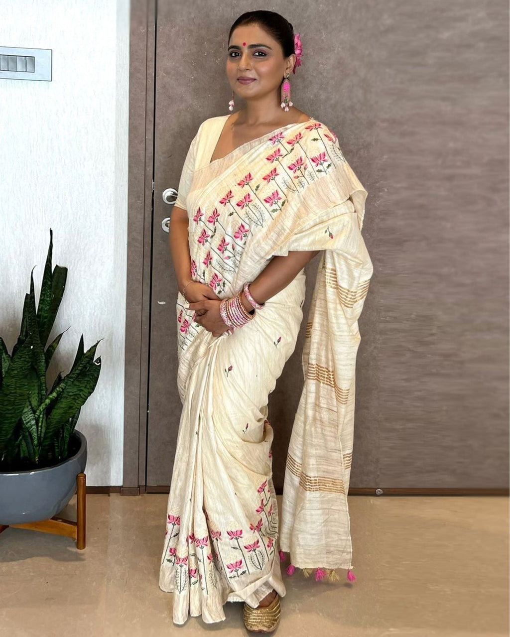 Silkmark Certified Pure Tussar Unique Embroidered Beige Saree