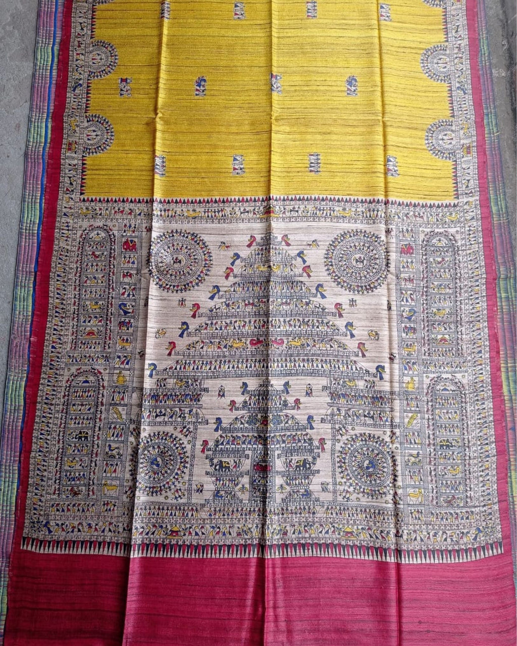 Silkmark Tussar Blissful Madhubani Yellow & Red Saree