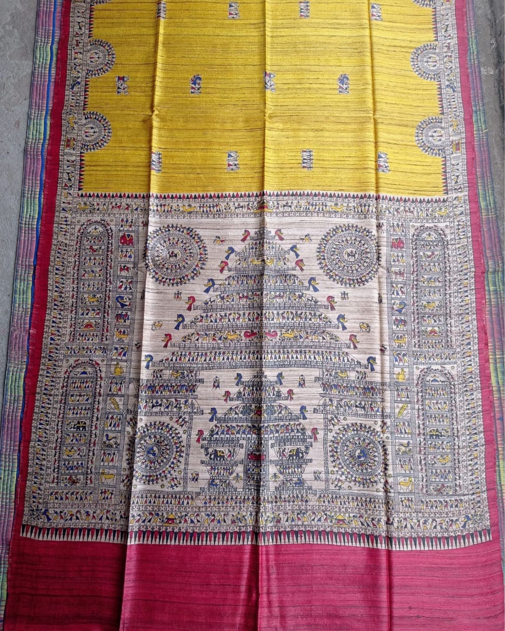 Silkmark Tussar Blissful Madhubani Yellow & Red Saree