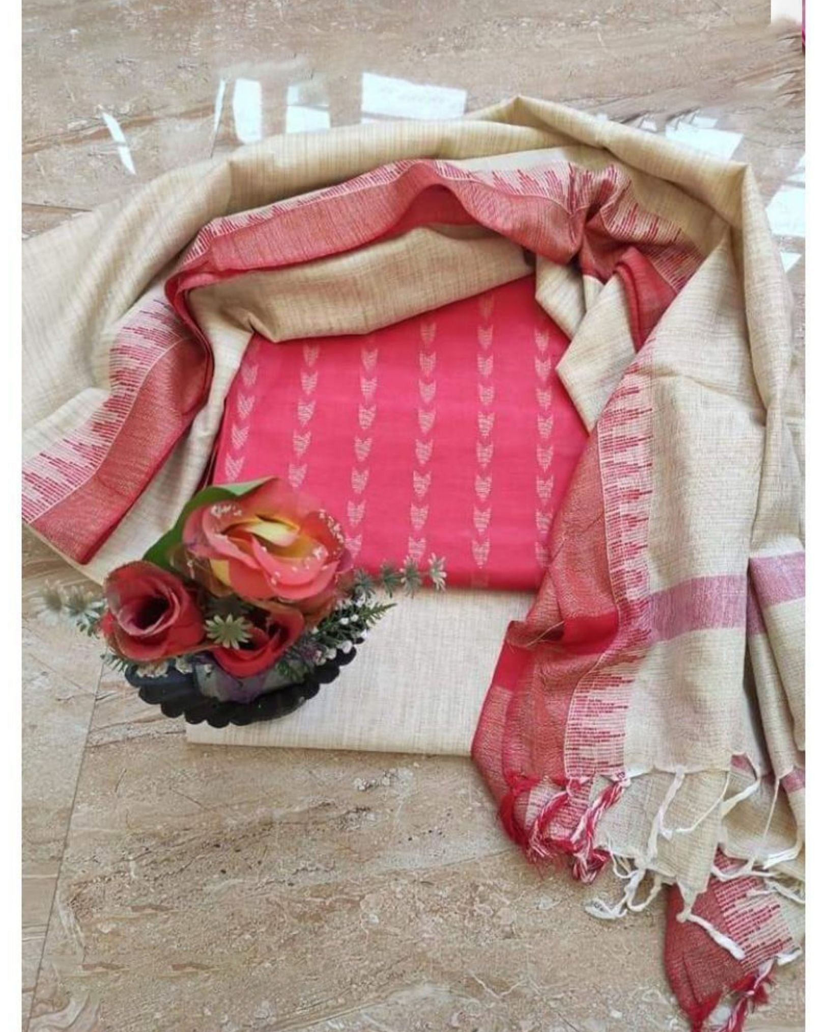 Alluring Khadi Cotton Handcrafted Red Suit
