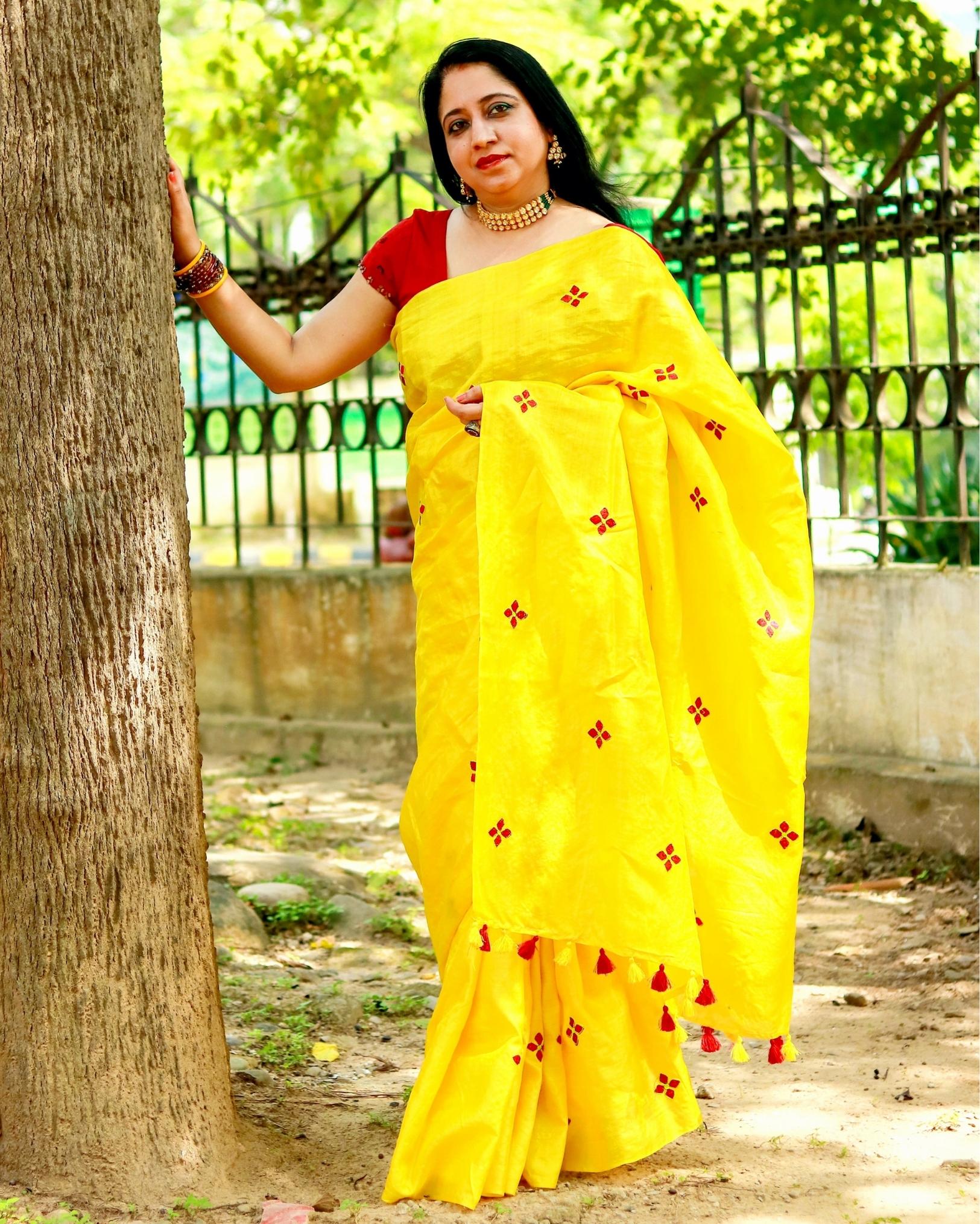 Tussar Silk Saree Online – Floral Buti Embroidery – Festive – Indiehaat