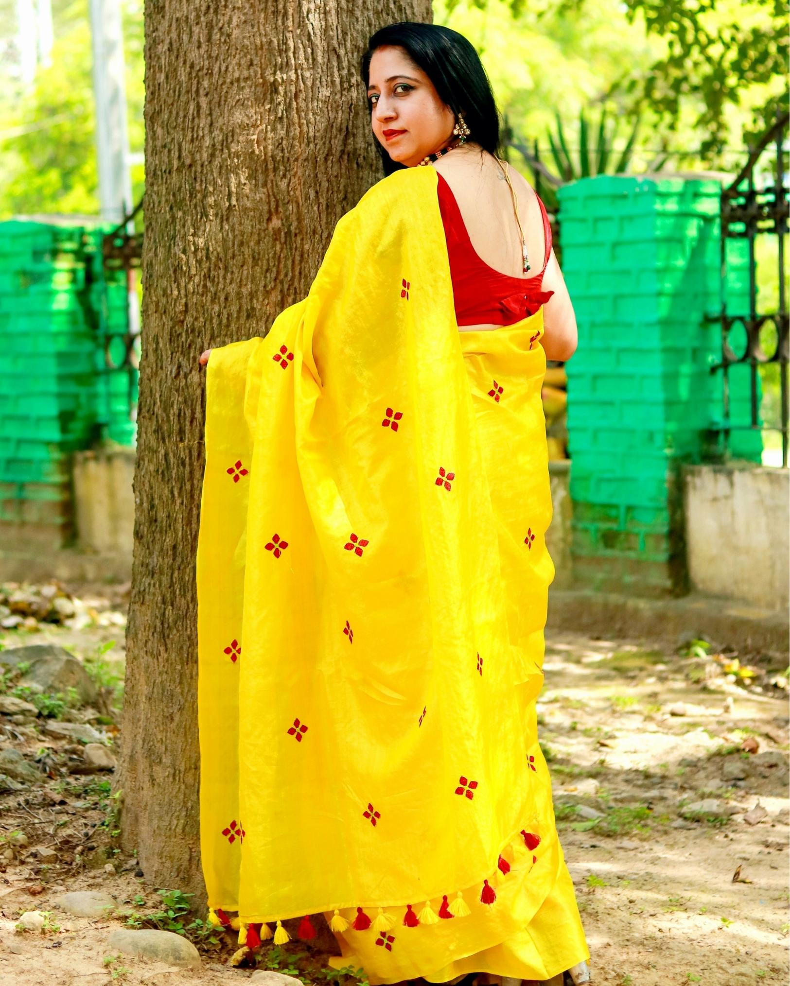 Tussar Silk Saree Online – Floral Buti Embroidery – Festive – Indiehaat