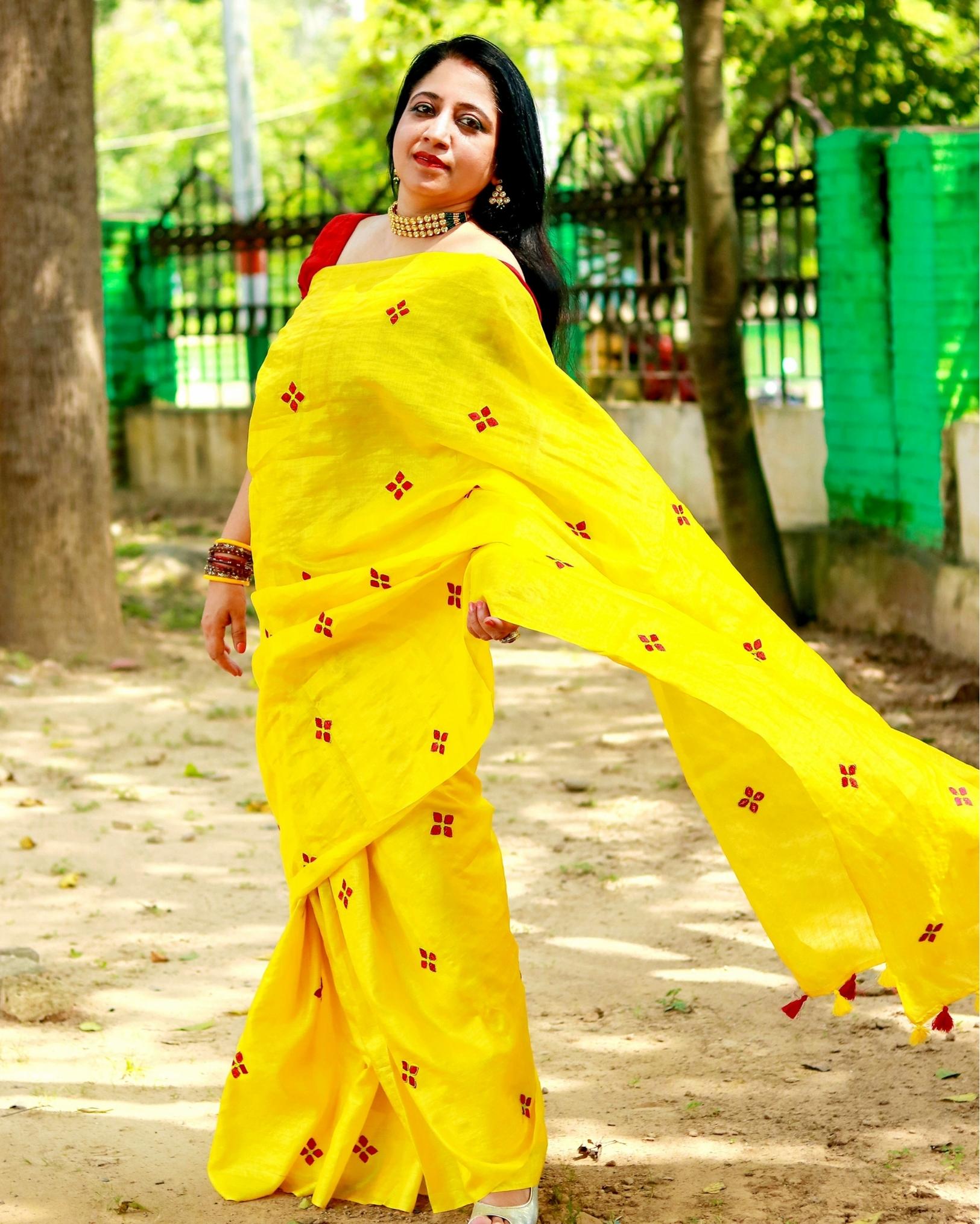 Tussar Silk Saree Online – Floral Buti Embroidery – Festive – Indiehaat