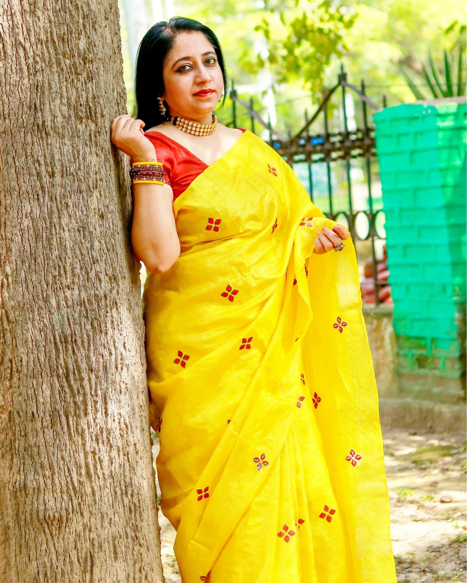 Tussar Silk Saree Online – Floral Buti Embroidery – Festive – Indiehaat