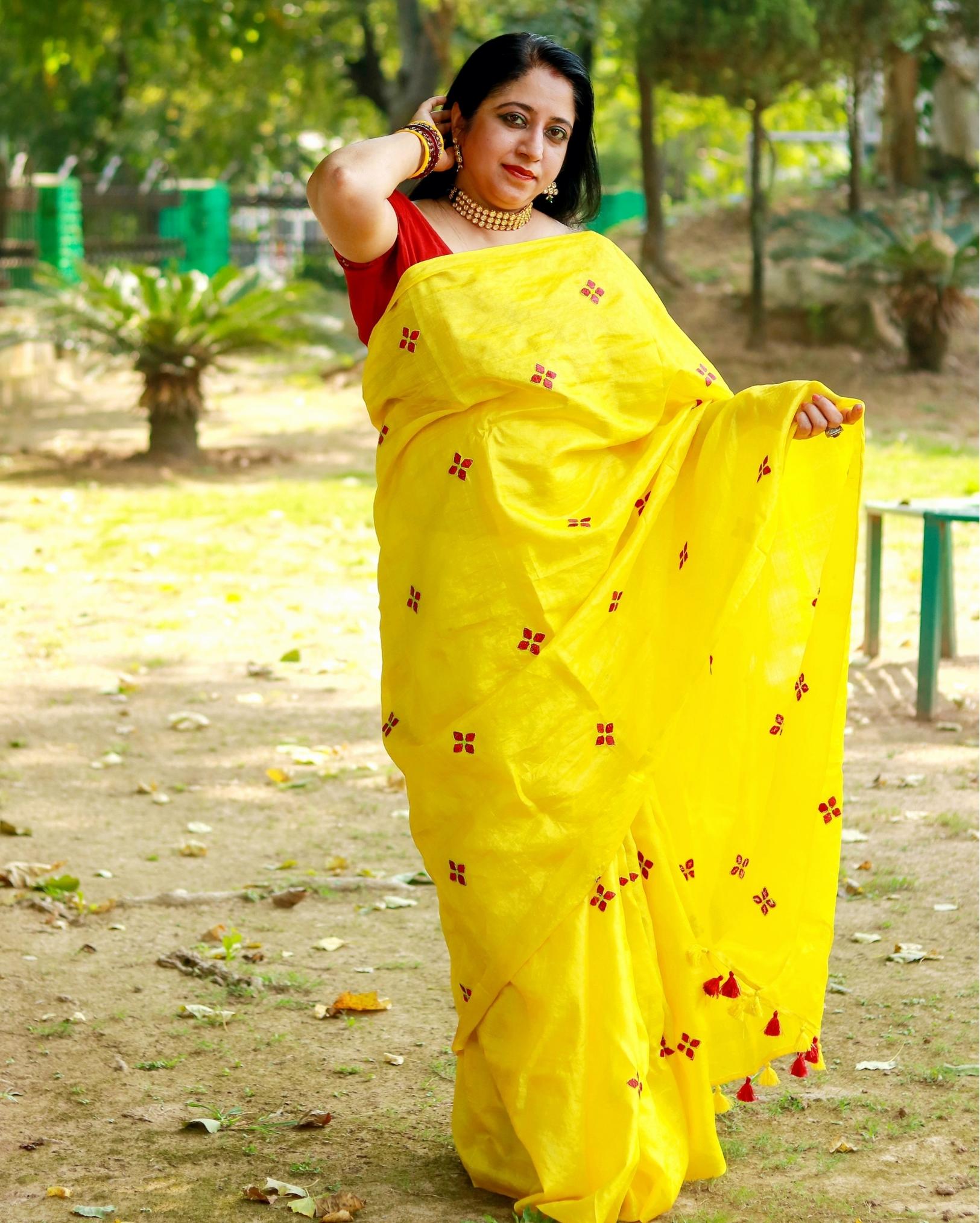 Tussar Silk Saree Online – Floral Buti Embroidery – Festive – Indiehaat