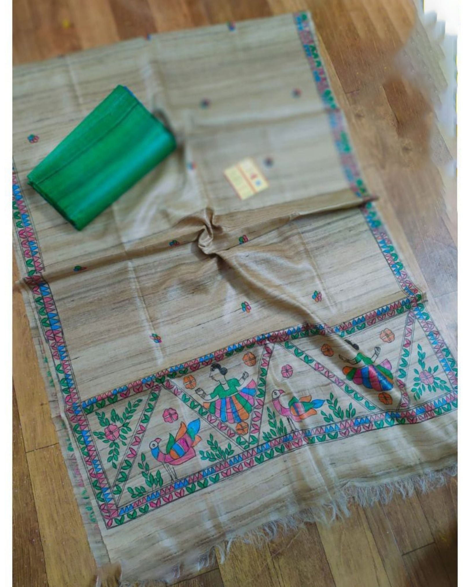 Silkmark Tussar Beige Madhubani Idyllic Dupatta & Green Top