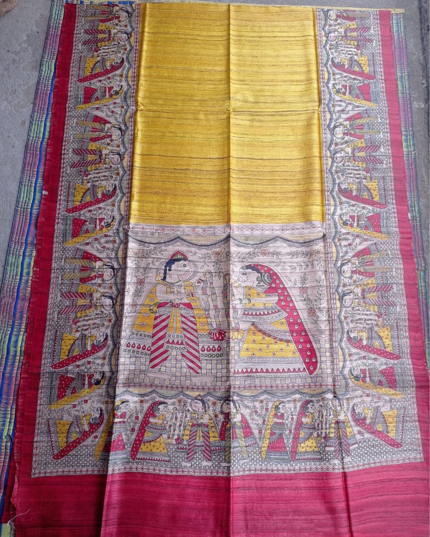 Silkmark Tussar Creative Madhubani Yellow & Red Saree