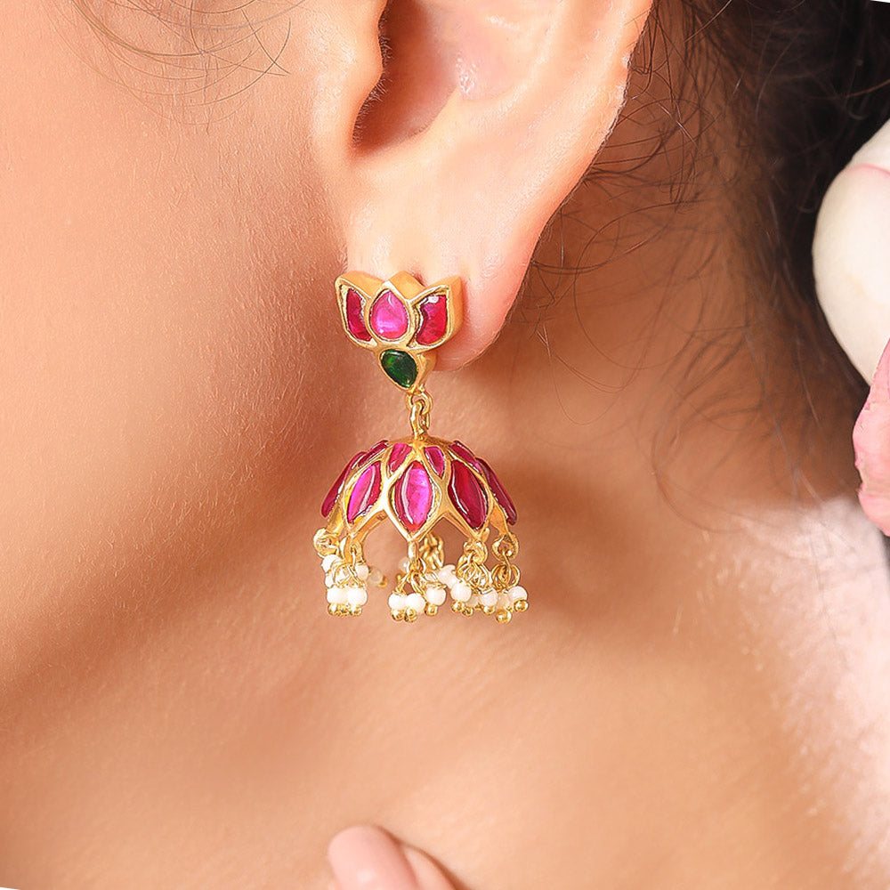 92.5 Sterling Silver Lotus kundan jhumka