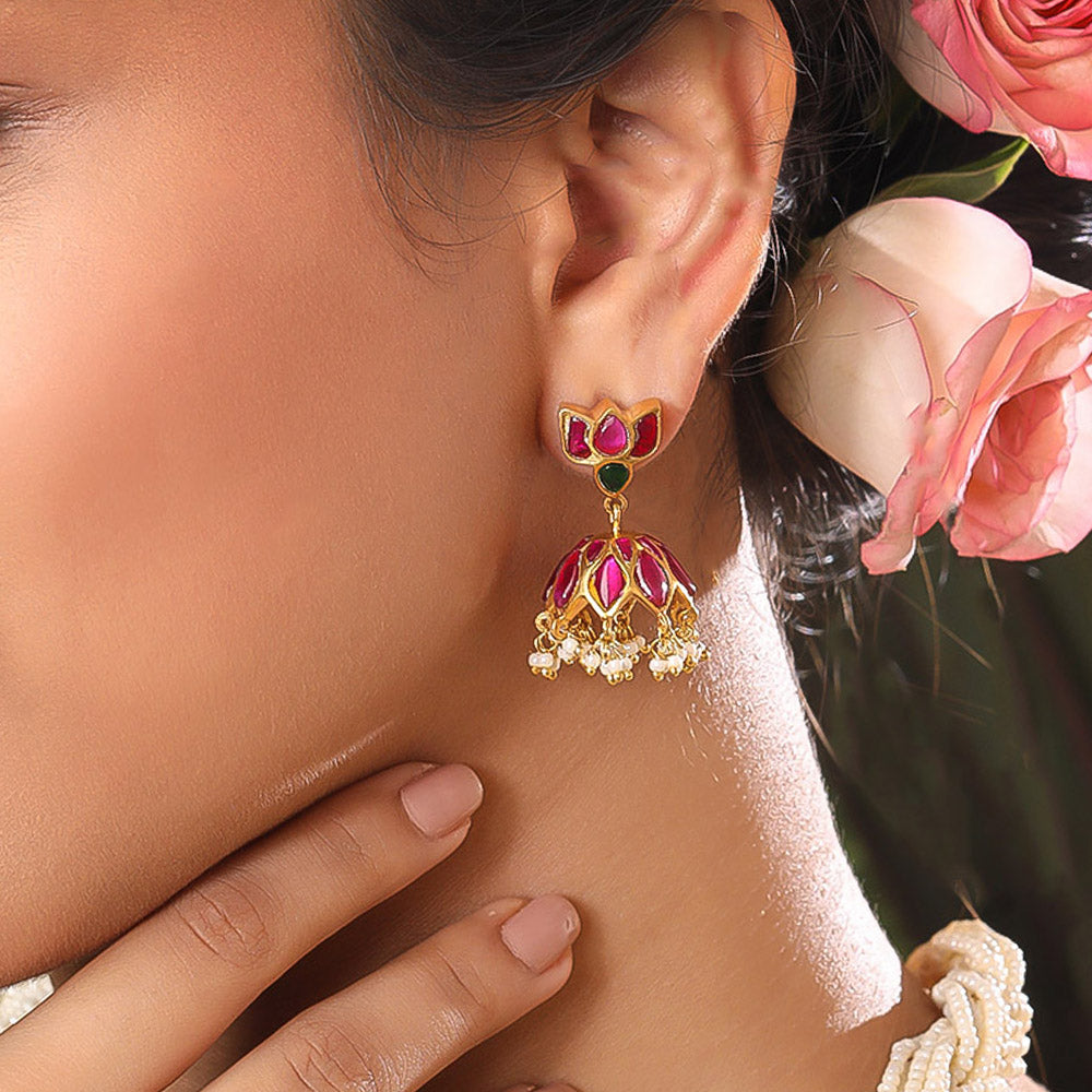 92.5 Sterling Silver Lotus kundan jhumka
