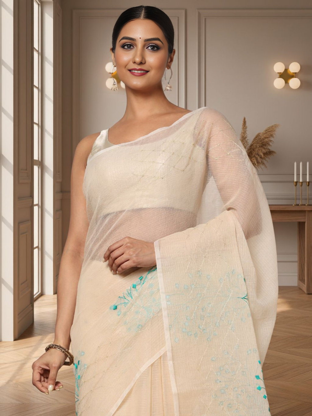 Earthy Kota Doria Cotton Bel Embroidery Off White Saree Handdyed