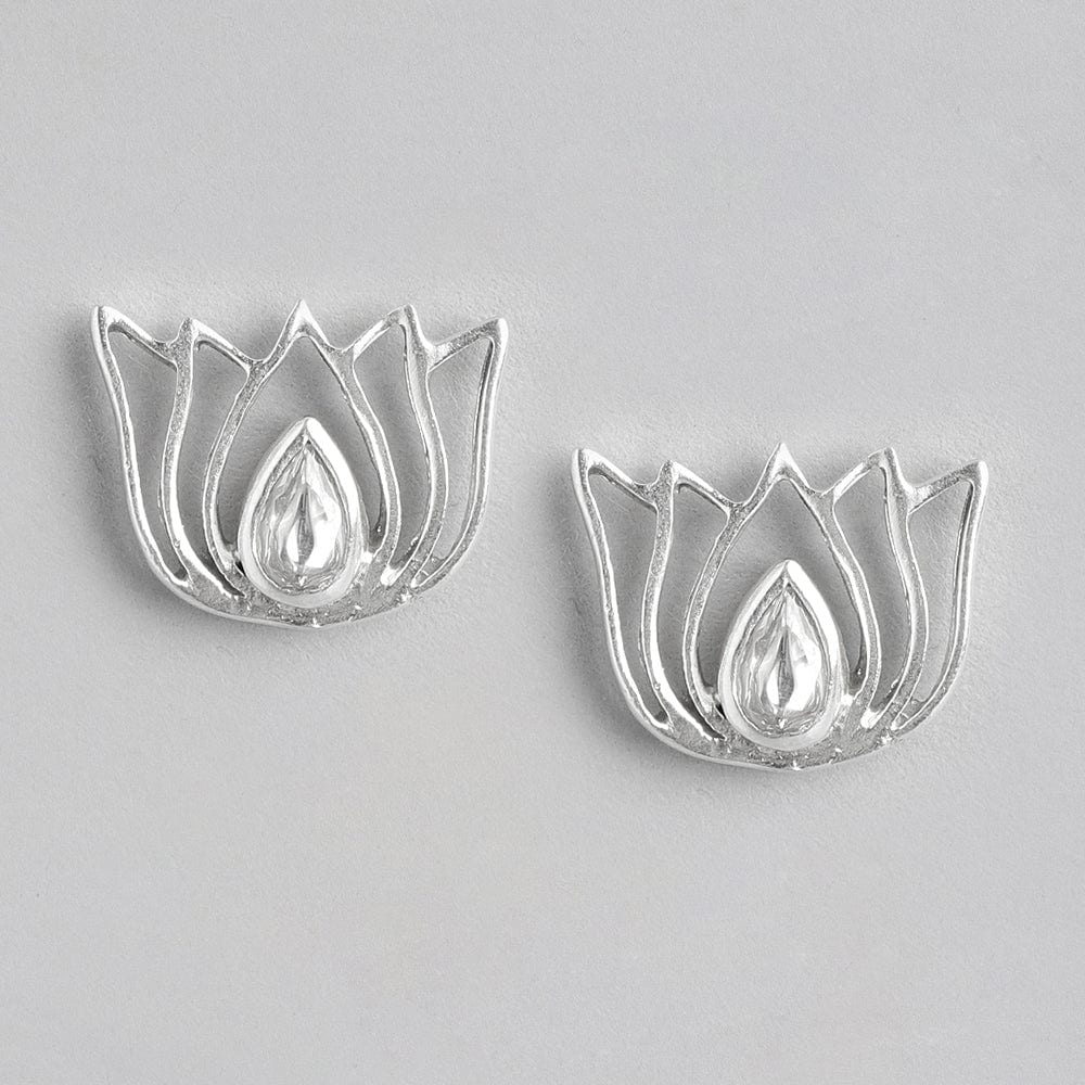 92.5 Silver White Kundan Sacred Lotus Stud Earrings