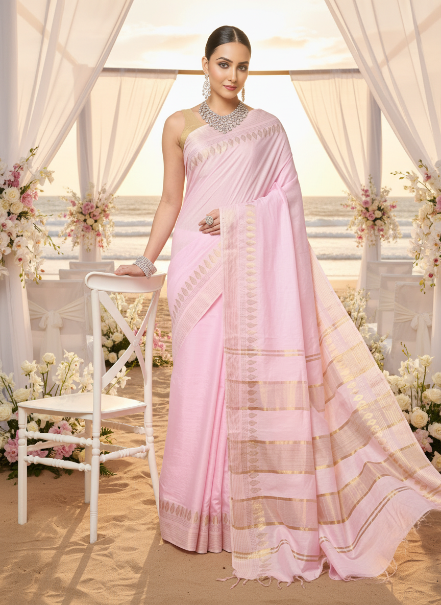 Handcrafted Colorful Kota Silk Pink Jacquard Saree