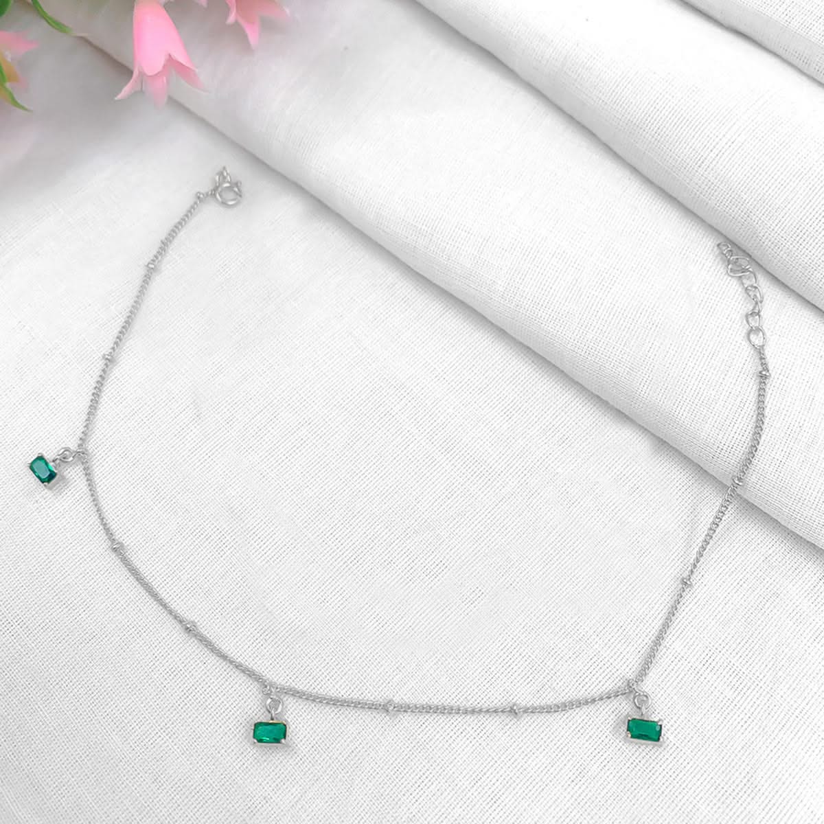 Single 92.5 Silver Green gemstone anklet