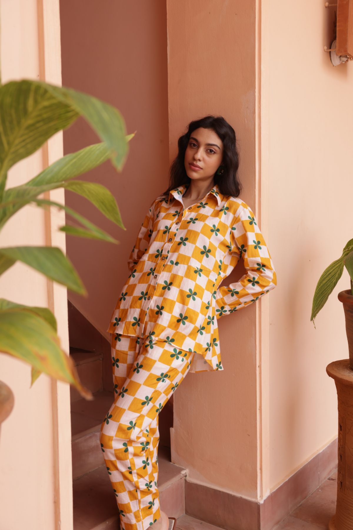 Palm Co-ord Set - Mustard Checks (Set of 2)