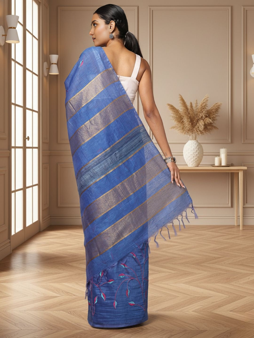 Stunning Eri Tussar Silk Embroidered Purple Saree