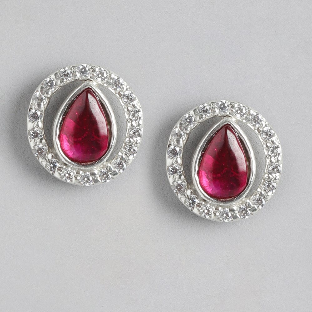 92.5 Silver Girdle Red Kundan Stud Earrings