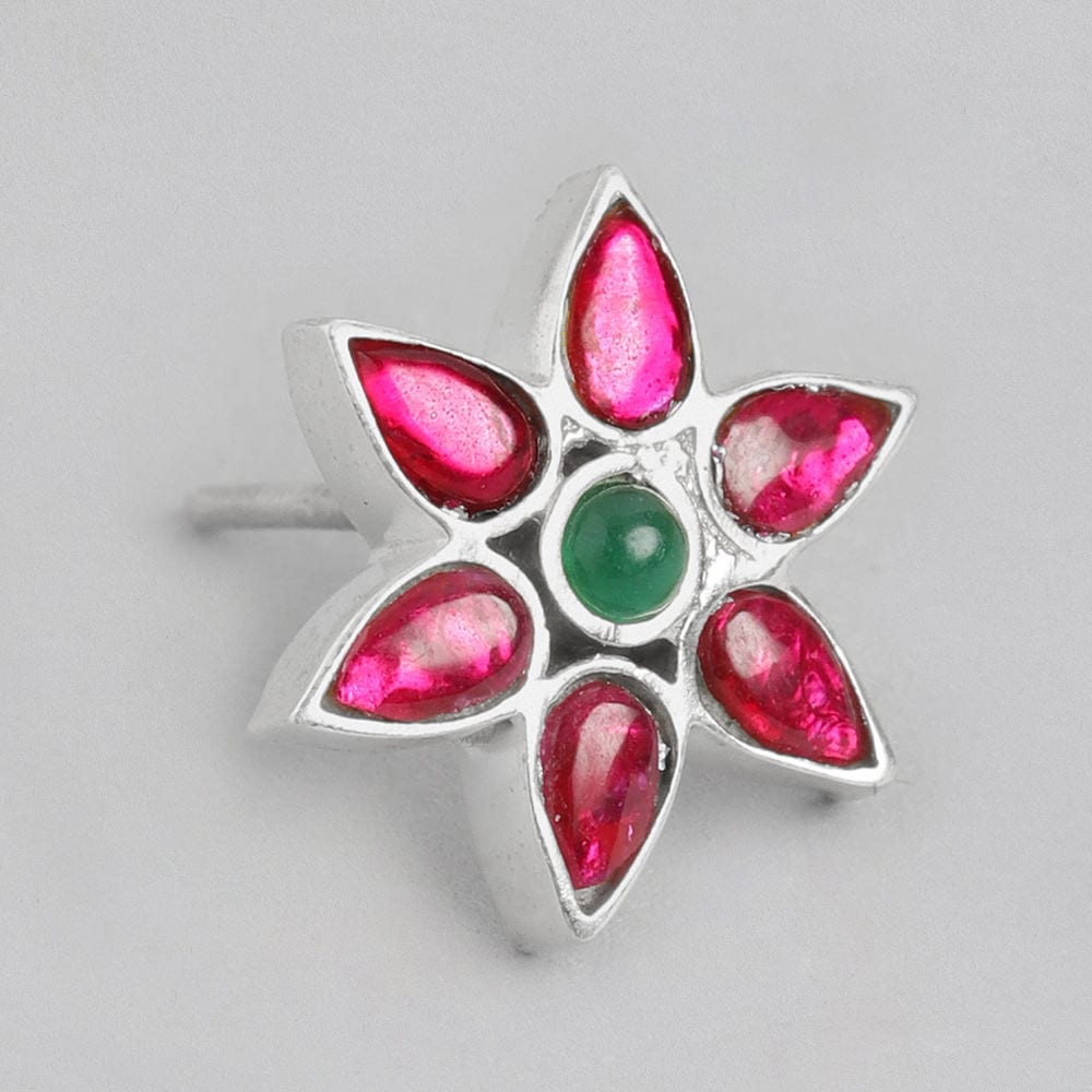 92.5 Silver Red Kundan Flower earring