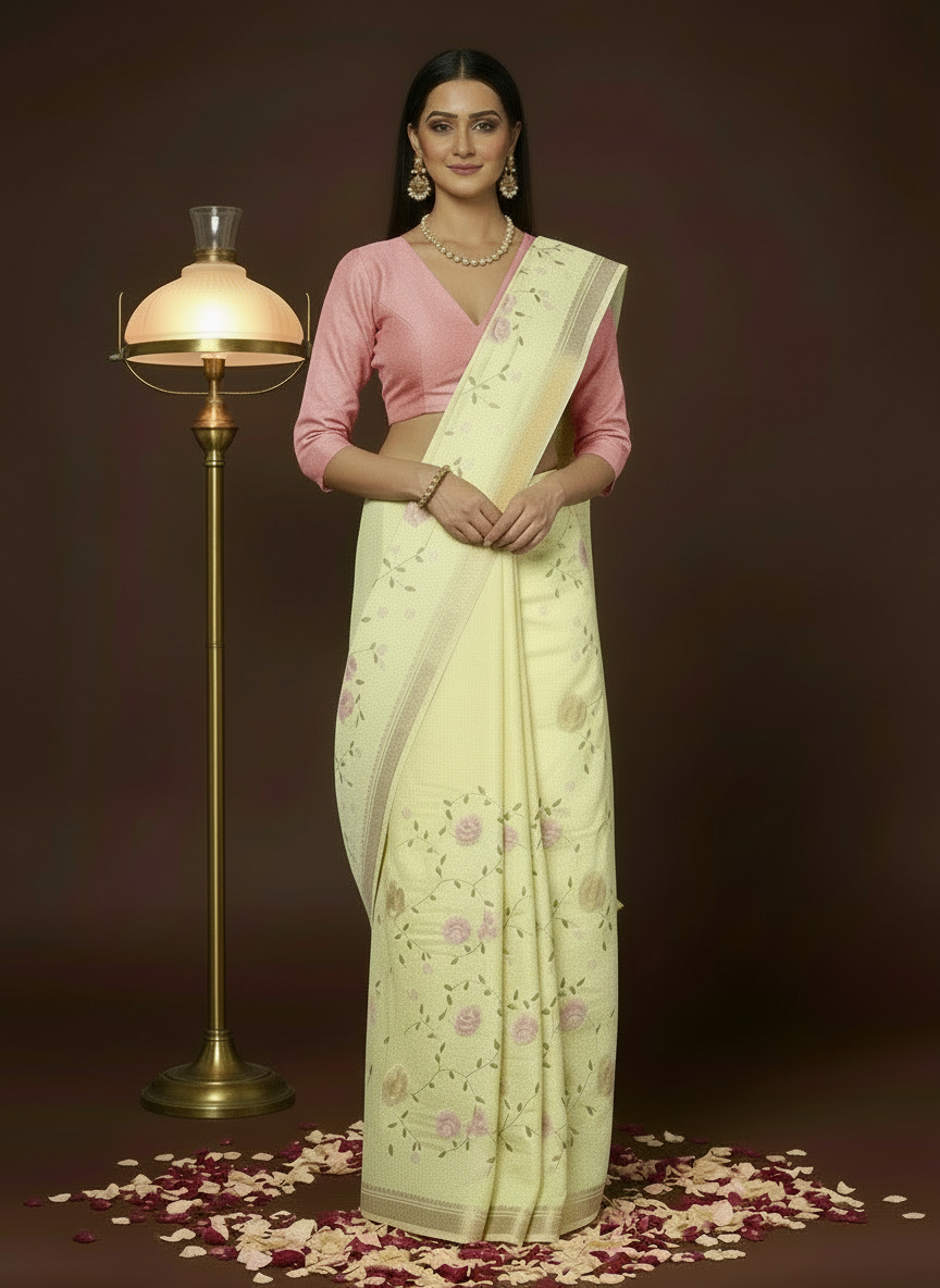 Impressionistic Silk Linen Embroidered Yellow Saree