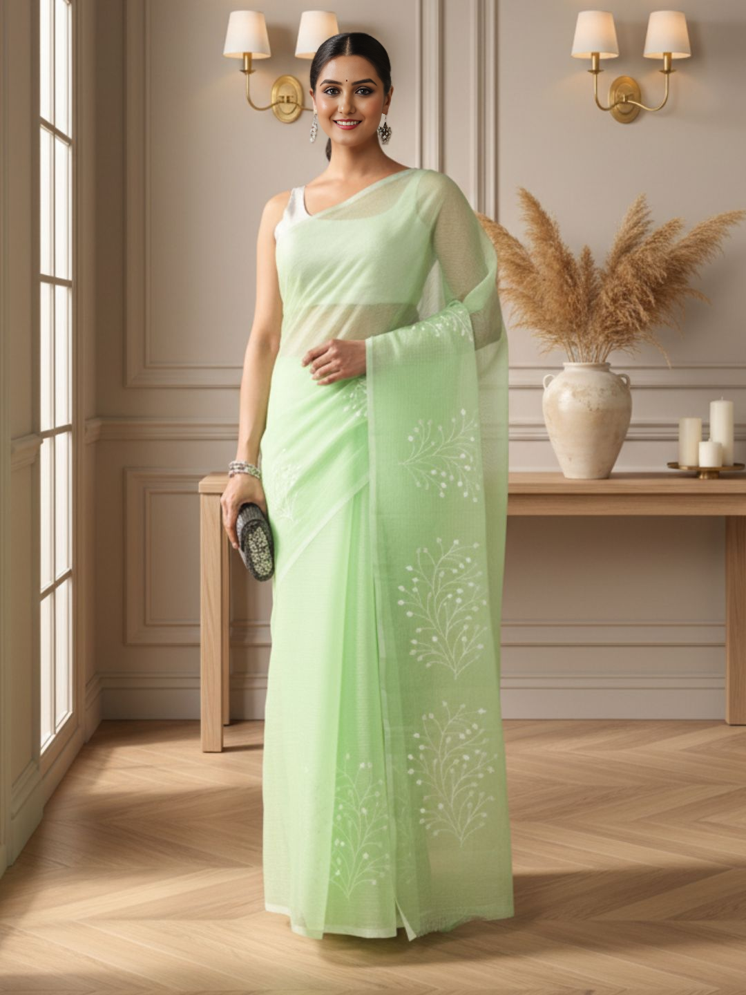 Kota Doria Cotton Bel Embroidery Green Saree Handdyed