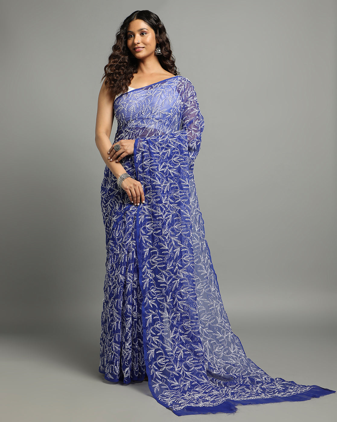 Georgette Handcrafted Tepchi work Blue Saree-Indiehaat