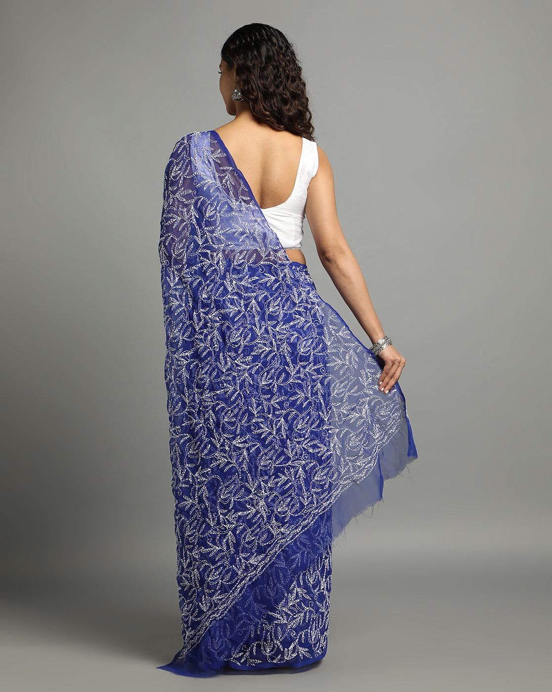 Georgette Handcrafted Tepchi work Blue Saree-Indiehaat