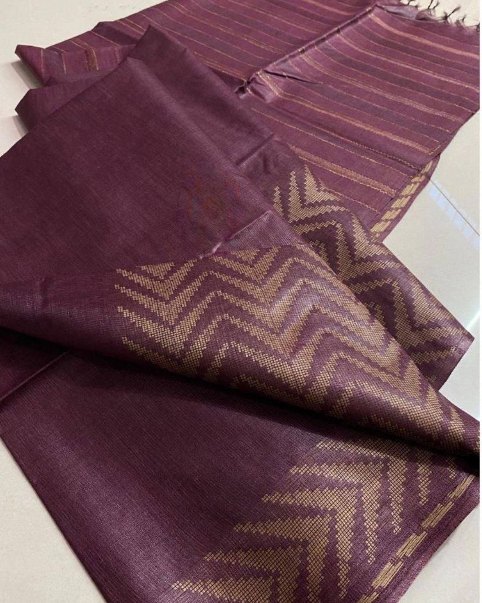 Chanderi Silk Wine color Saree with Running Blouse-Indiehaat