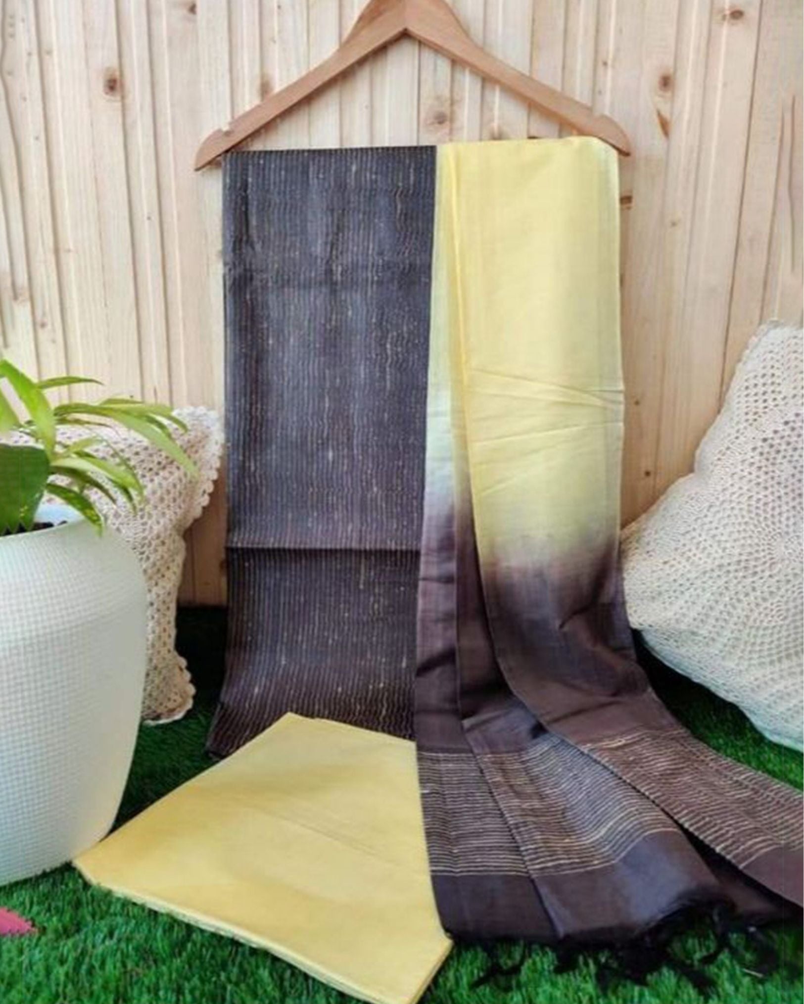 Handdyed Katan Silk Gray & Yellow Contrast Suit
