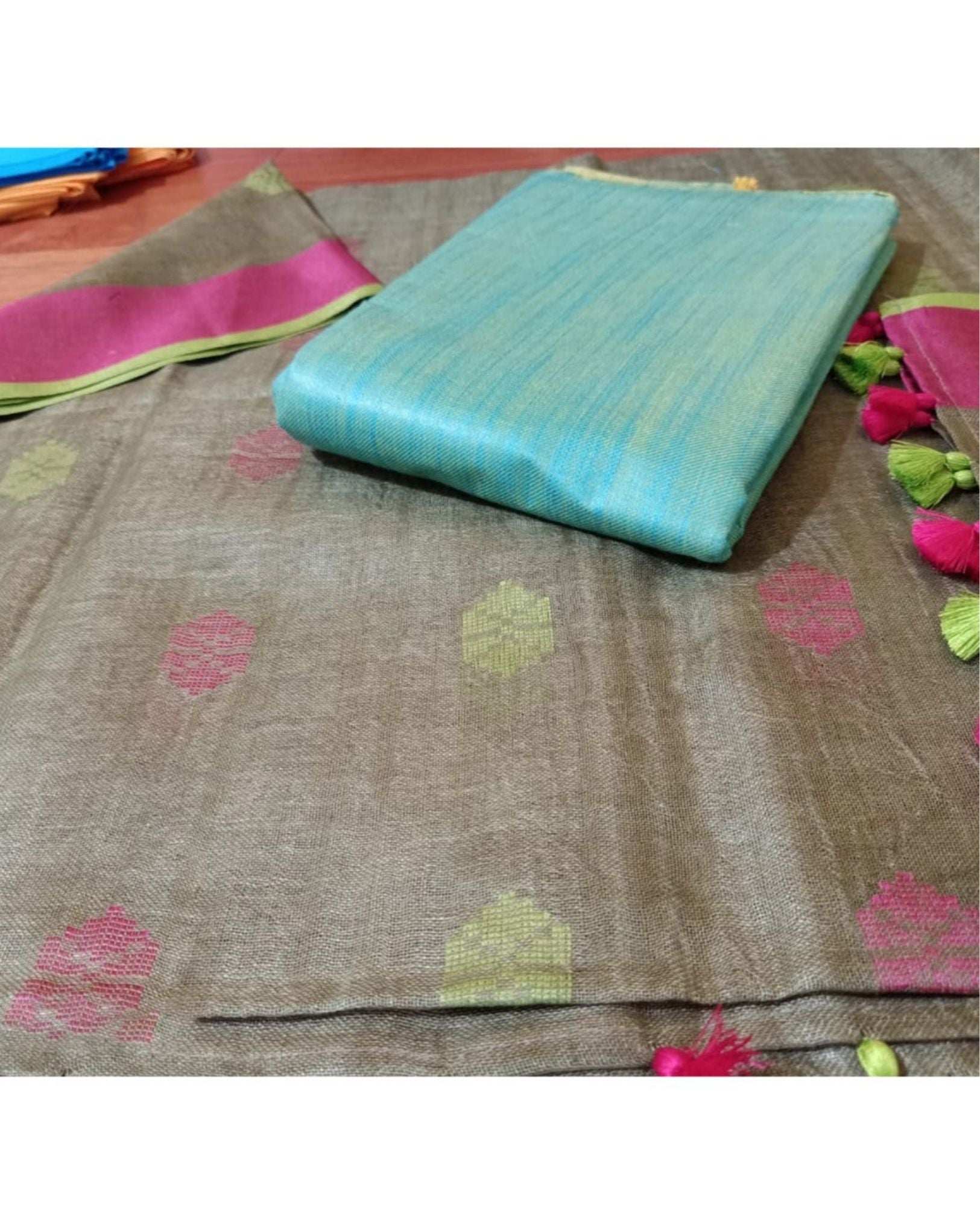 Pure Linen Tranquil Sea Green Dupatta & Katan Silk Blue Top Set