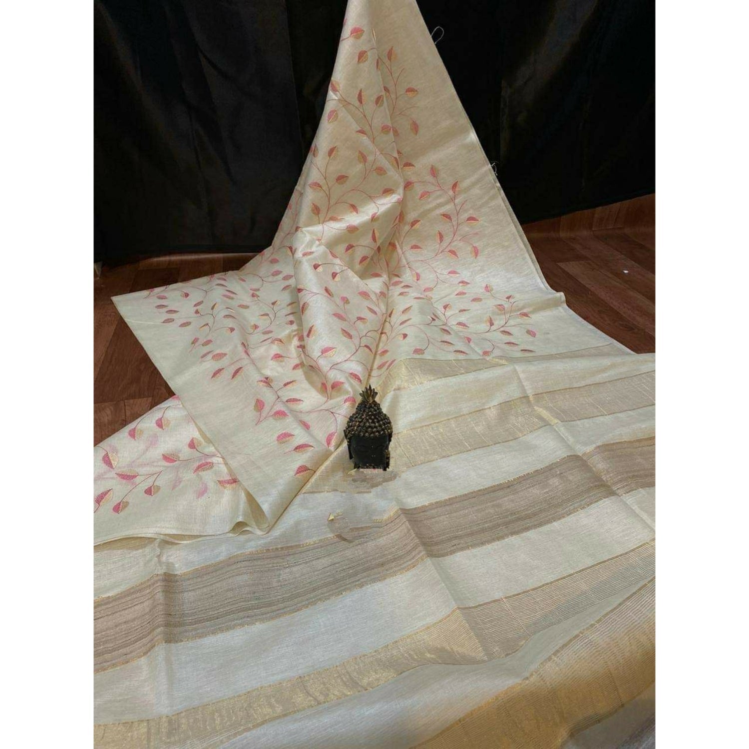 Eri Silk Digital Embroidered White Saree with Running Blouse-Indiehaat