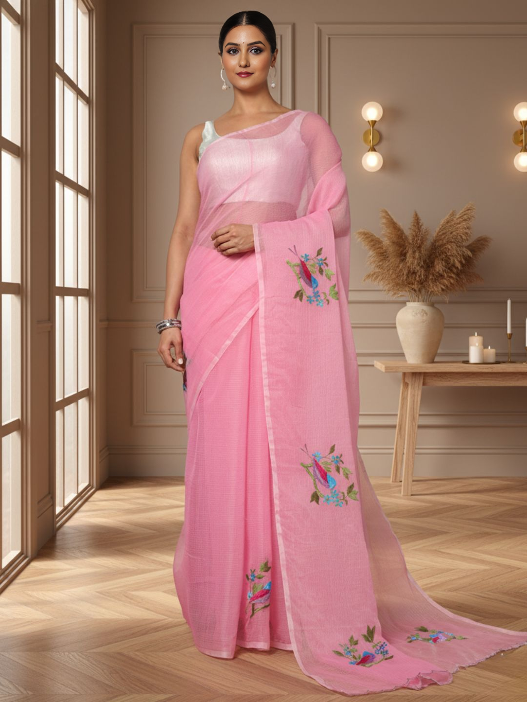 Bold Kota Doria Cotton Bird Embroidery Pink Saree Handdyed