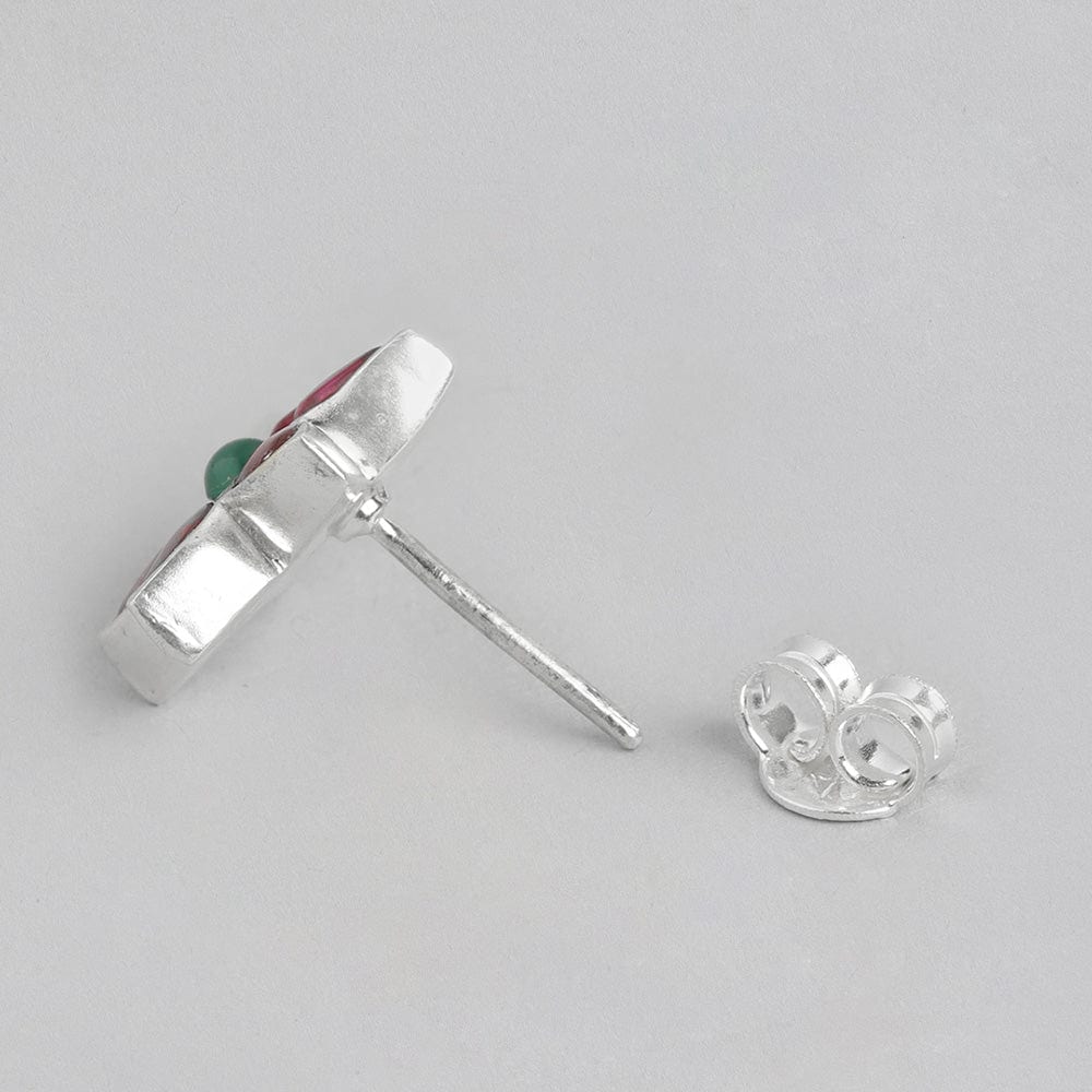 92.5 Silver Red Kundan Flower earring