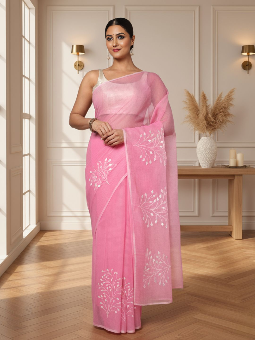 Trendy Kota Doria Cotton Bel Embroidery Pink Saree Handdyed