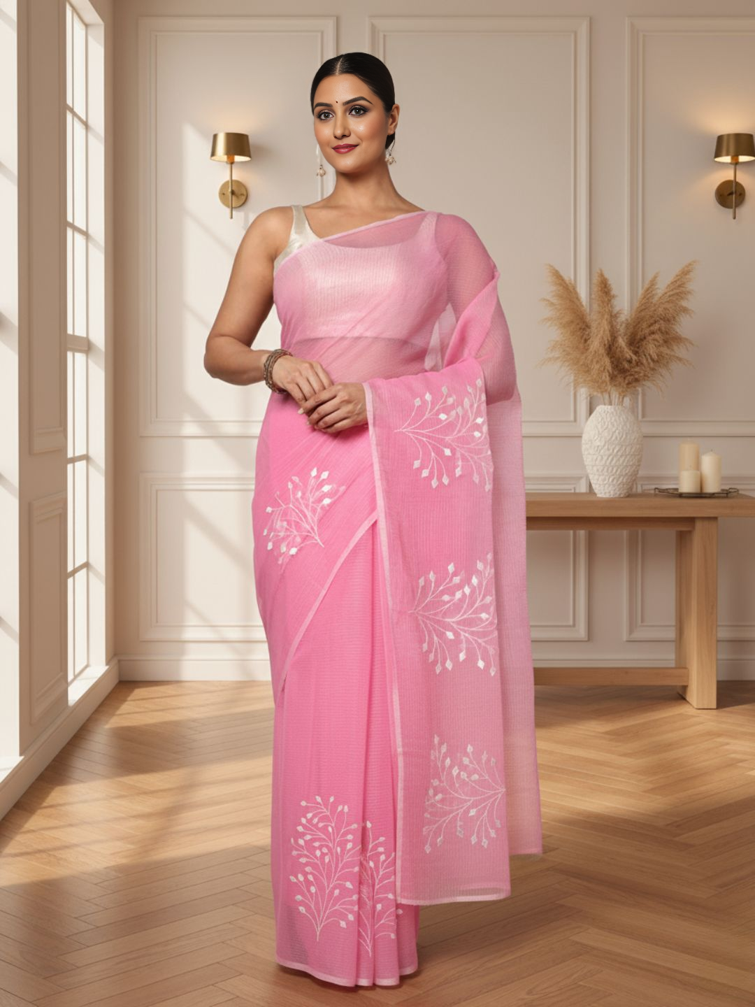 Trendy Kota Doria Cotton Bel Embroidery Pink Saree Handdyed