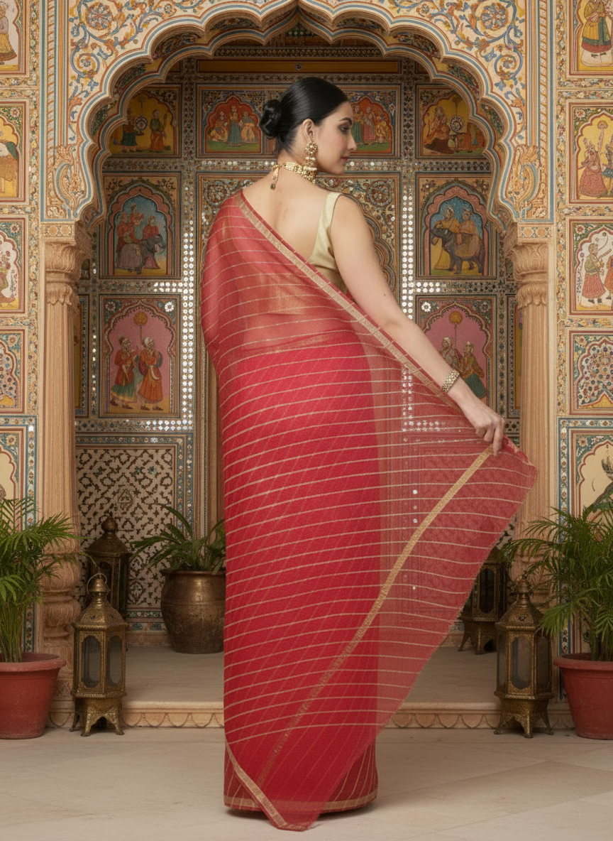 Lehariya Pure Silk Kota Doria Red Saree Handcrafted