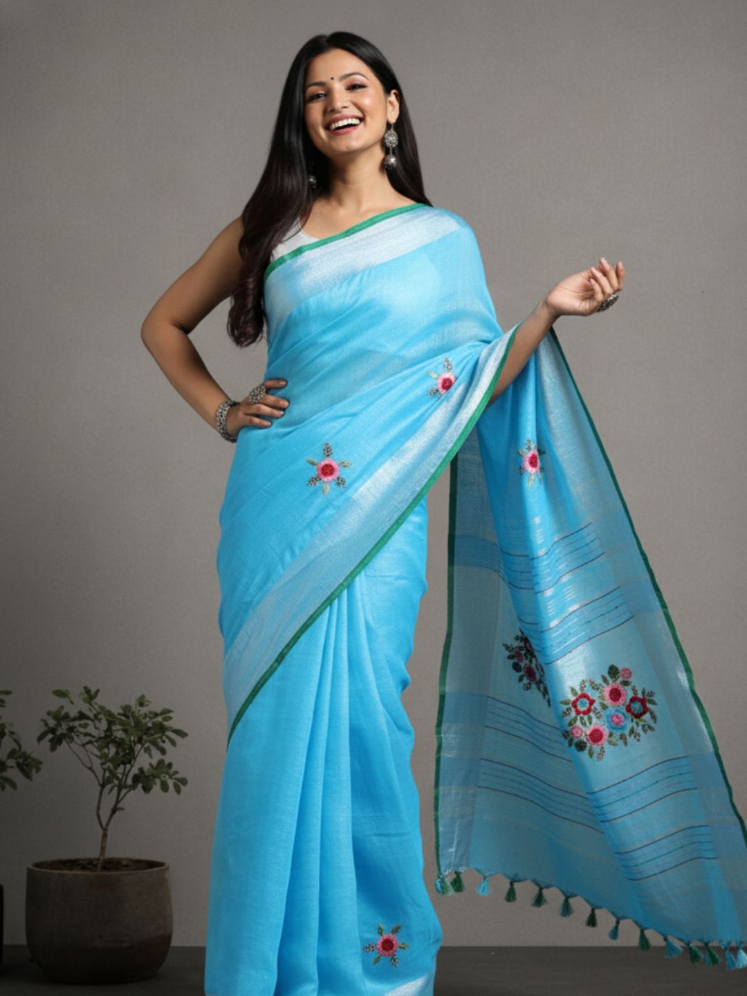 Decorous Pure Linen Floral Embroidered Blue Saree