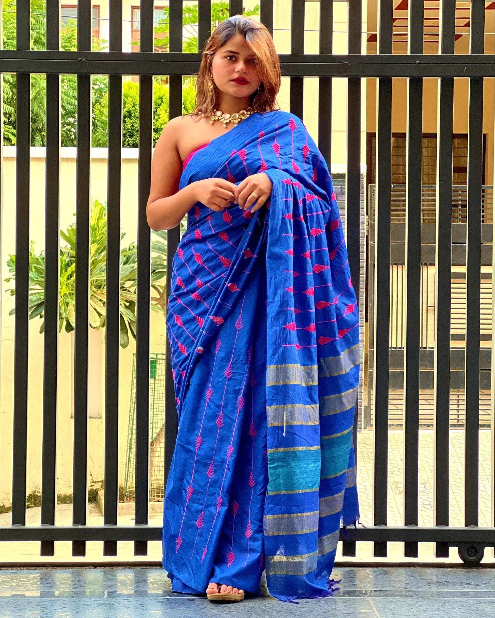Eri Silk Embroidered Blue Saree with Blouse-Indiehaat
