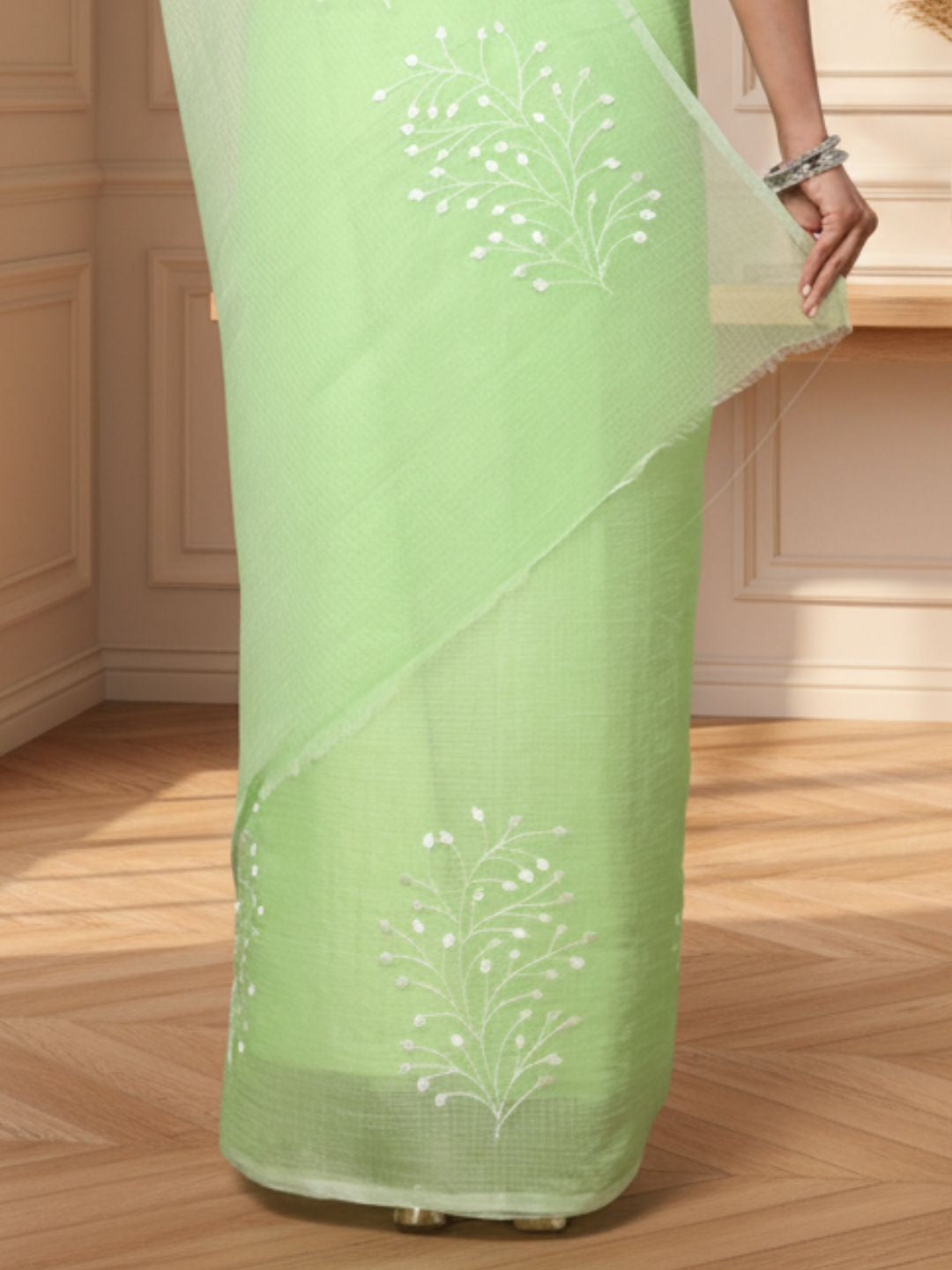 Kota Doria Cotton Bel Embroidery Green Saree Handdyed