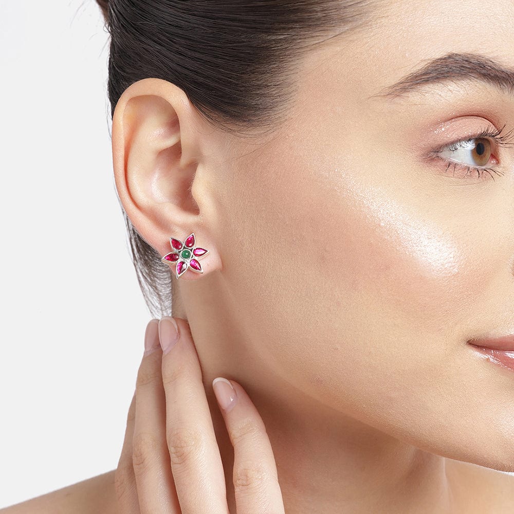 92.5 Silver Red Kundan Flower earring