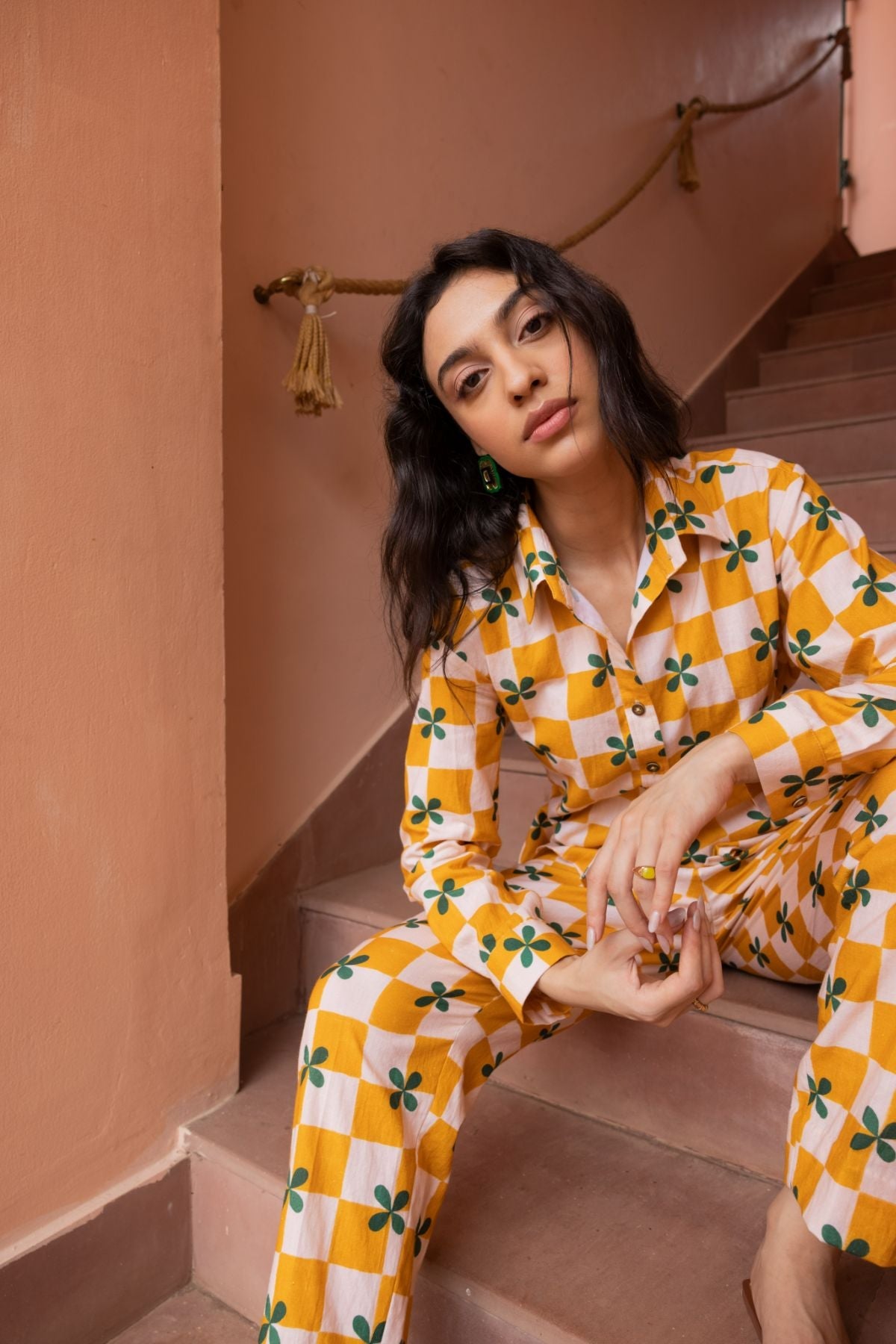 Palm Co-ord Set - Mustard Checks (Set of 2)