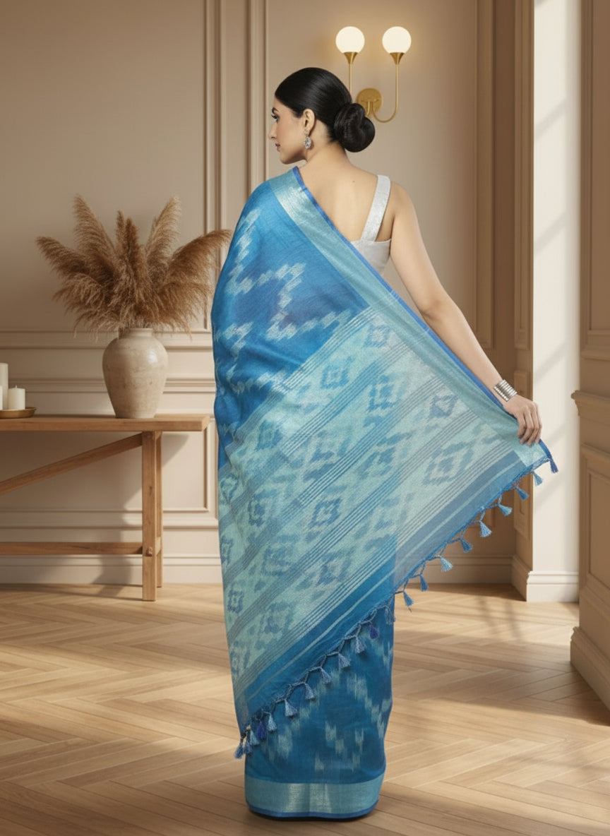 Crisp Ikkat Slub Linen Handloom Blue Saree