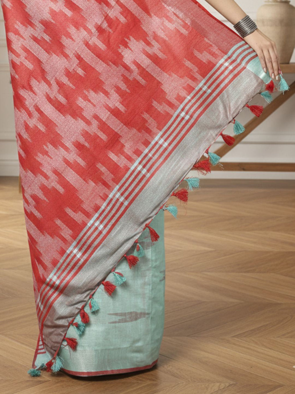 Sunny Ikkat Slub Linen Handloom Blue Saree