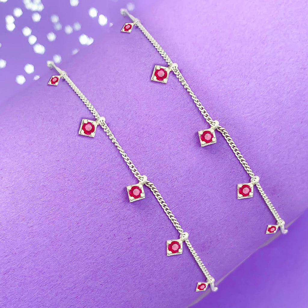 925 Sterling Silver Anklet Red Zircon