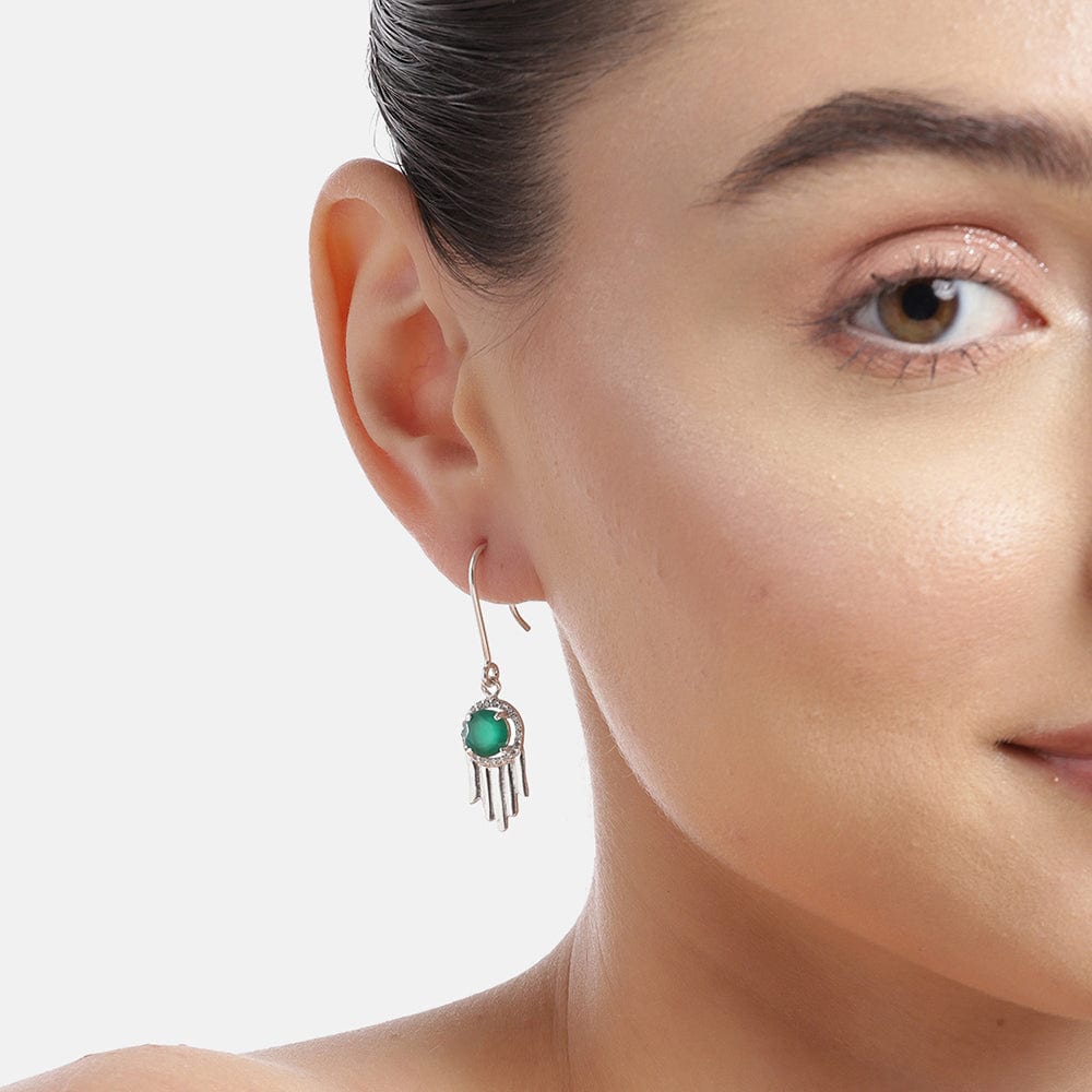 92.5 Silver Green Hamsa Earrings