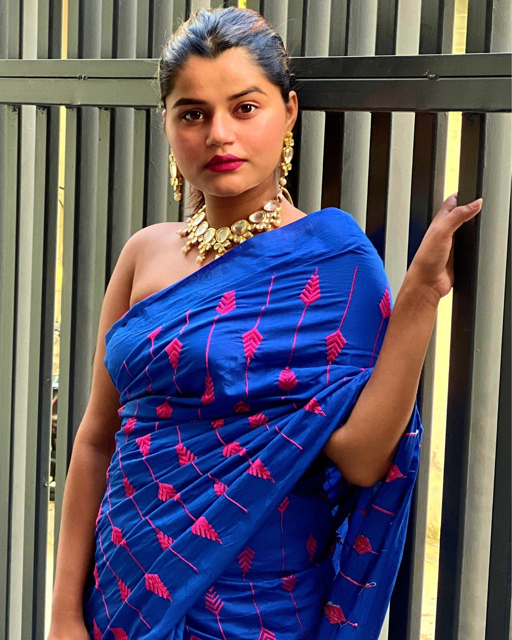 Eri Silk Embroidered Blue Saree with Blouse-Indiehaat