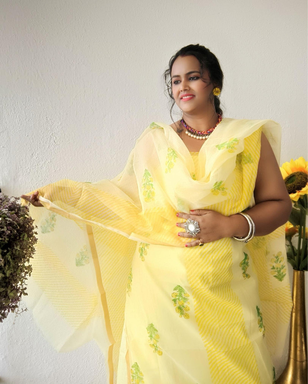 Textured Kota Doria Yellow Suit Handblock Print