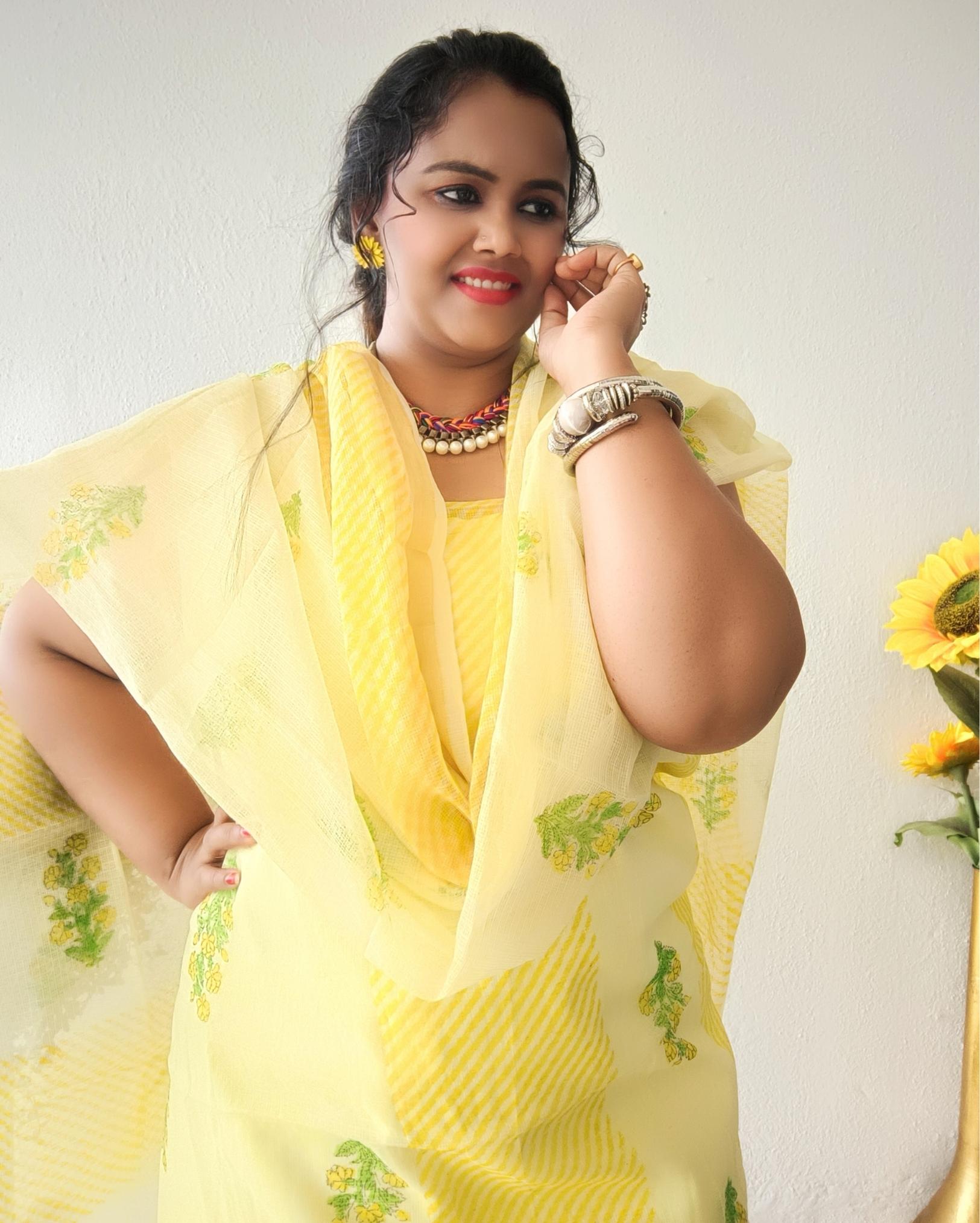 Textured Kota Doria Yellow Suit Handblock Print