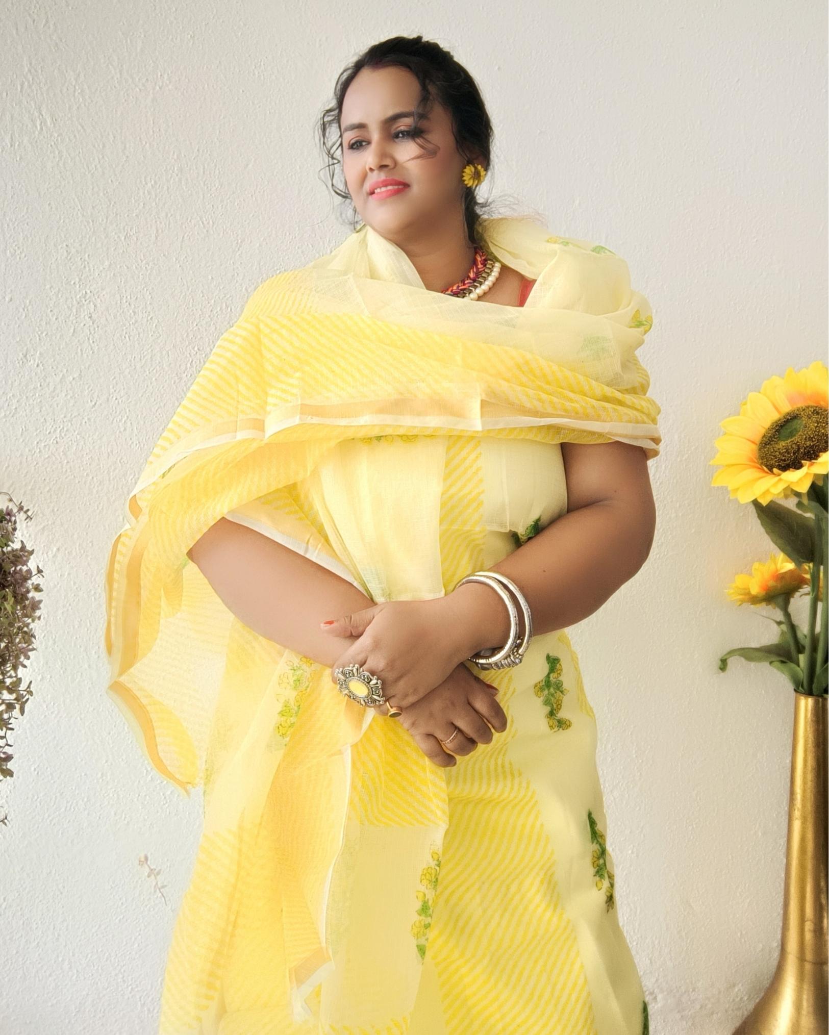 Textured Kota Doria Yellow Suit Handblock Print