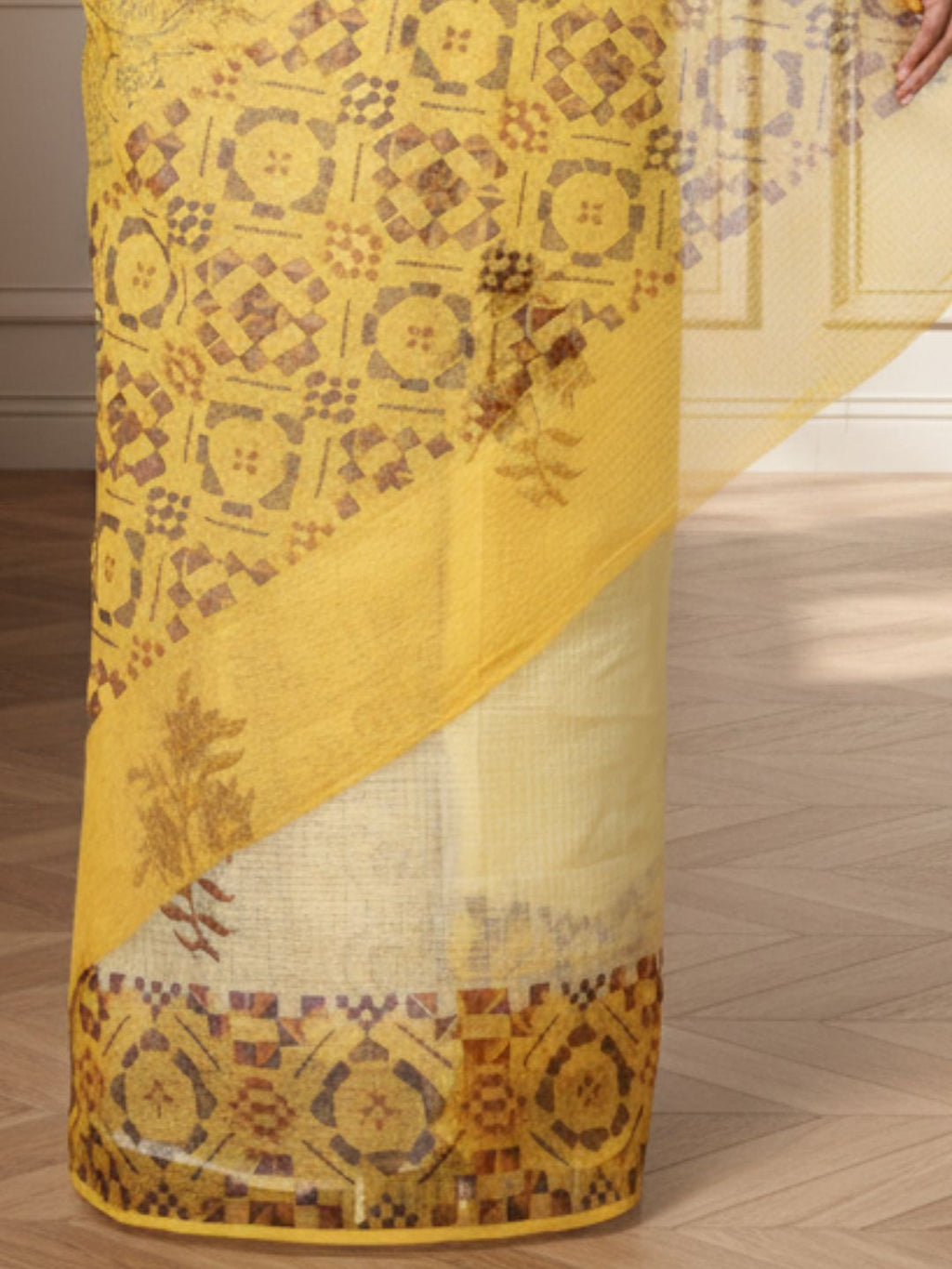 Earthy Kota Doria Blockprinted Yellow Saree