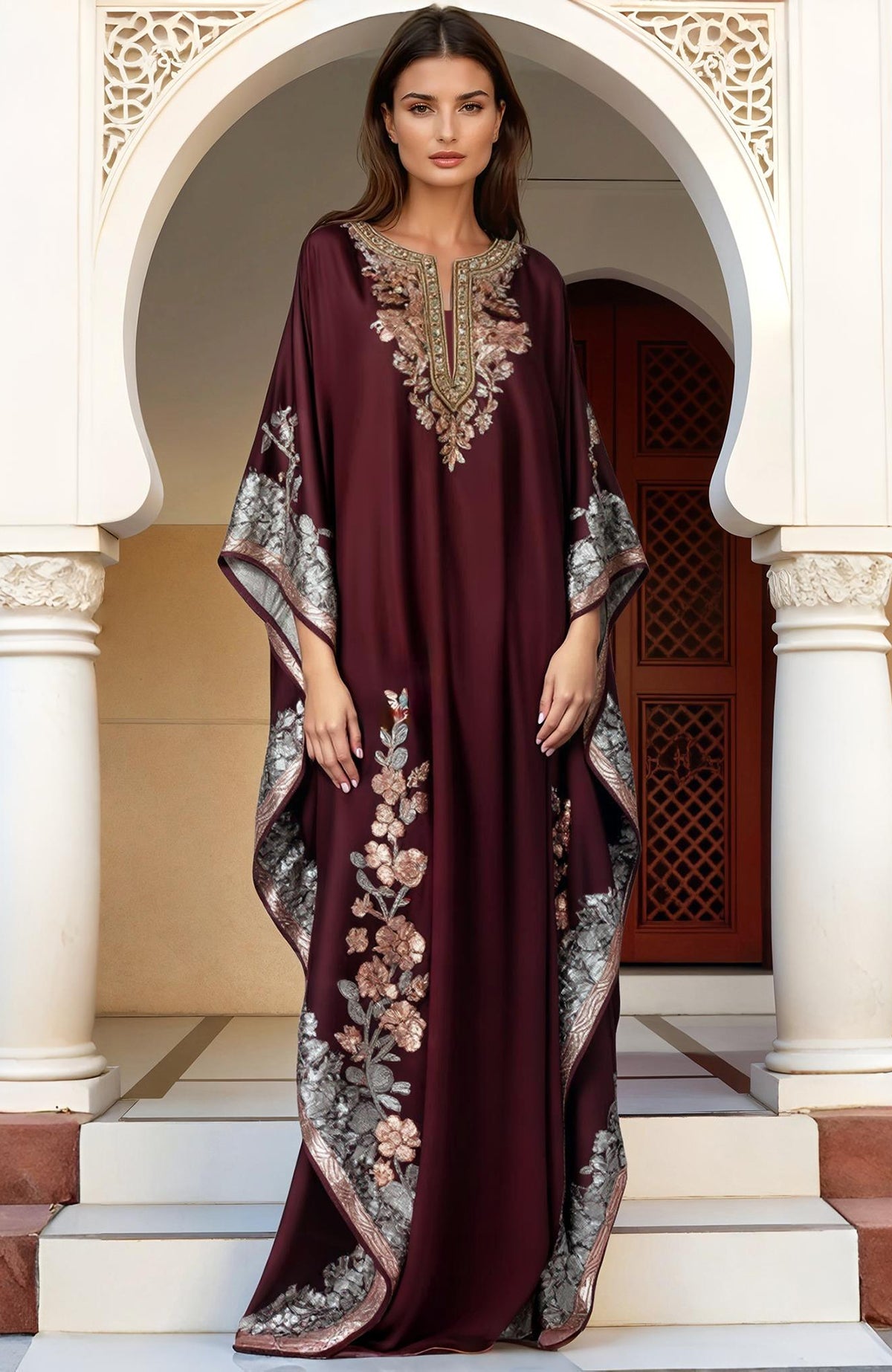 Burgundy floor-length kaftan dress with gold and silver floral embroidery and wide sleeves