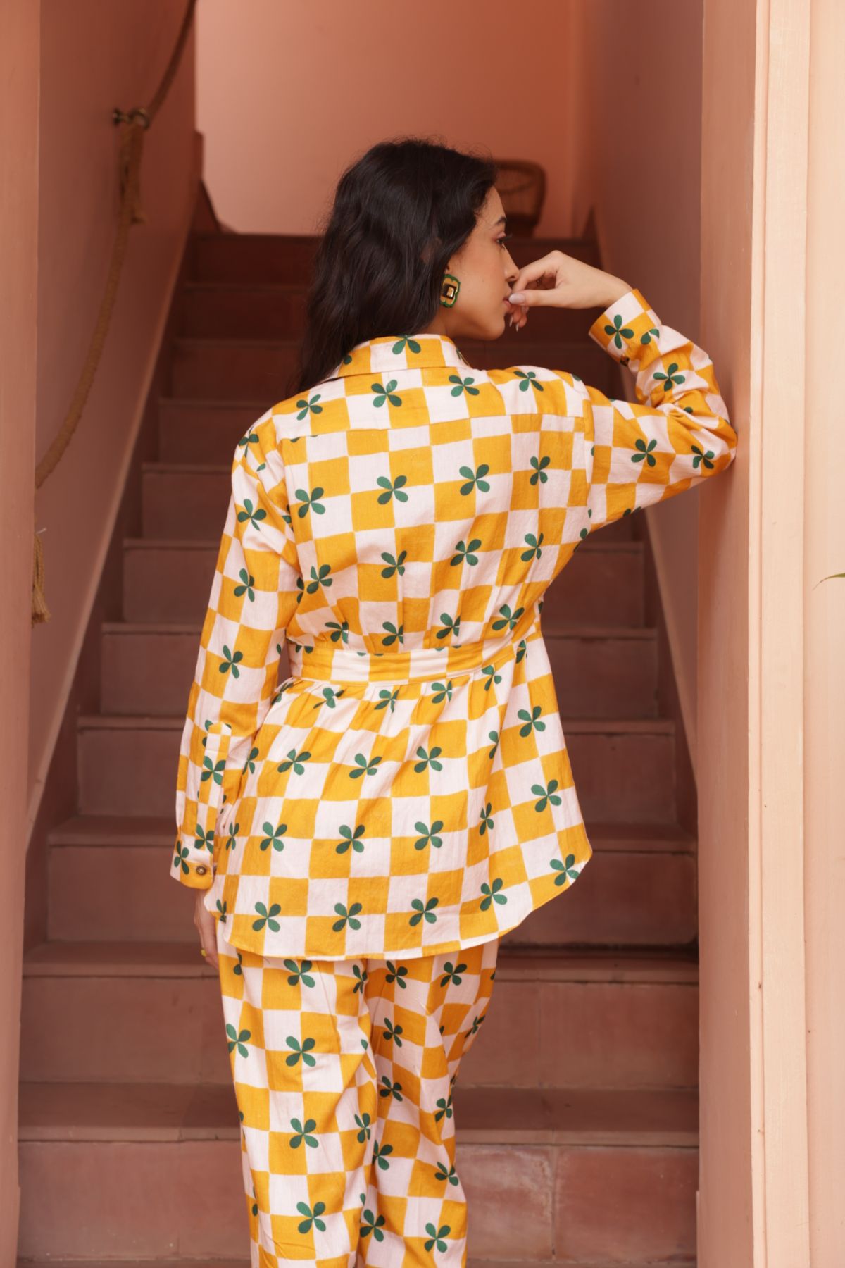 Palm Co-ord Set - Mustard Checks (Set of 2)